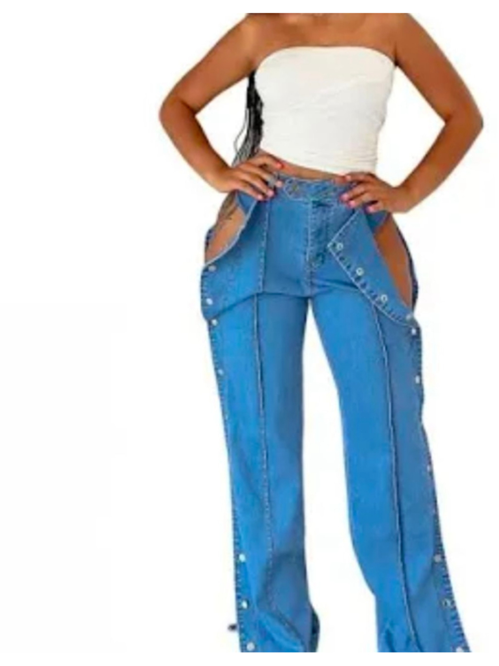 Women's Blue Wide Leg Snap Button Cutout Jeans Size L